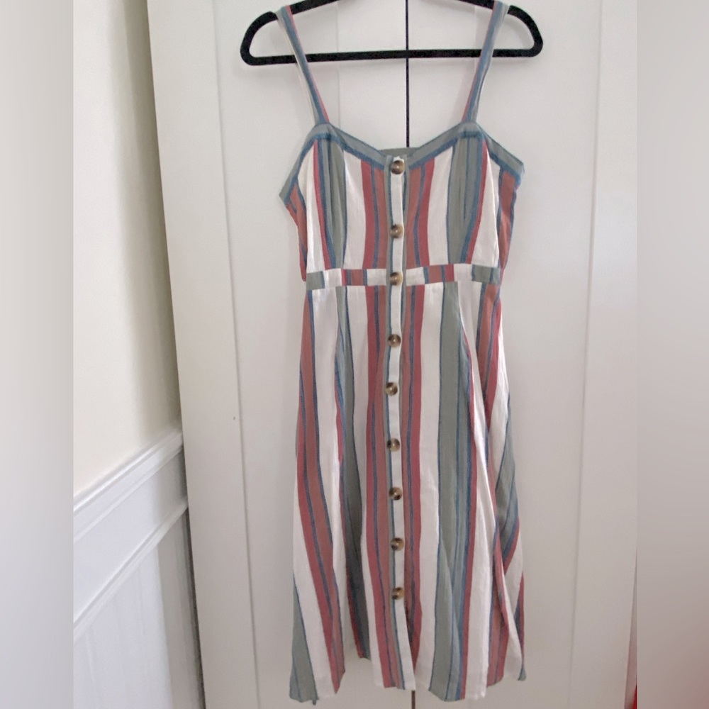 Blue Rain Size Small Midi Dress Multicolored Stripes and Front Button Detail